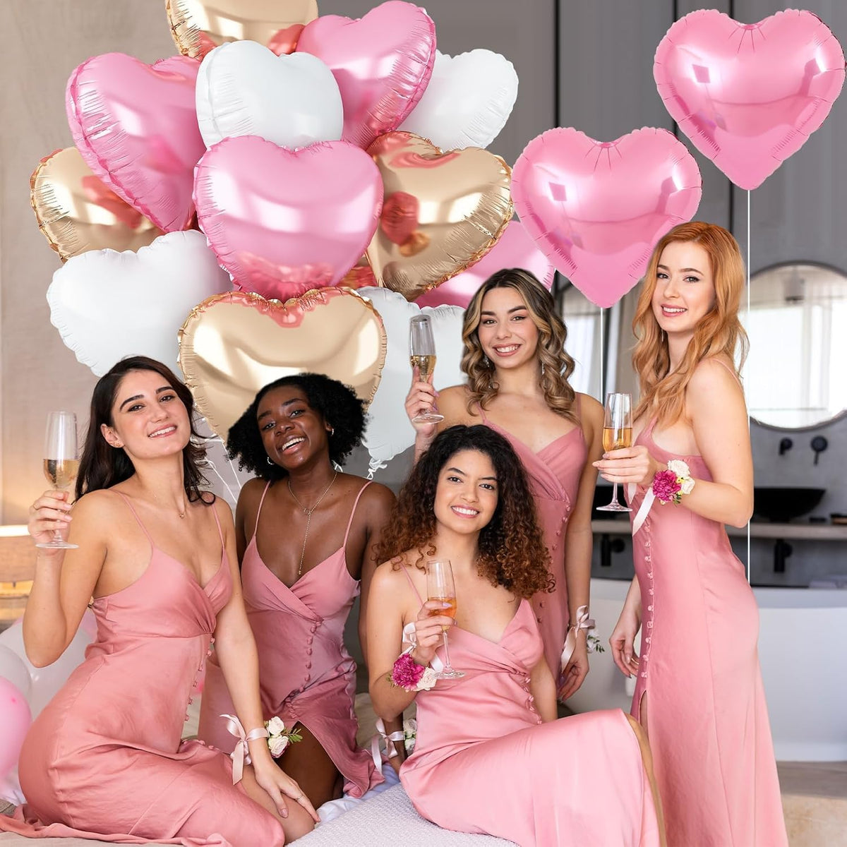 Pink White Heart Balloons,12Pcs Rose Gold Heart Shaped Foil Balloons,18Inch White Rose Gold Helium