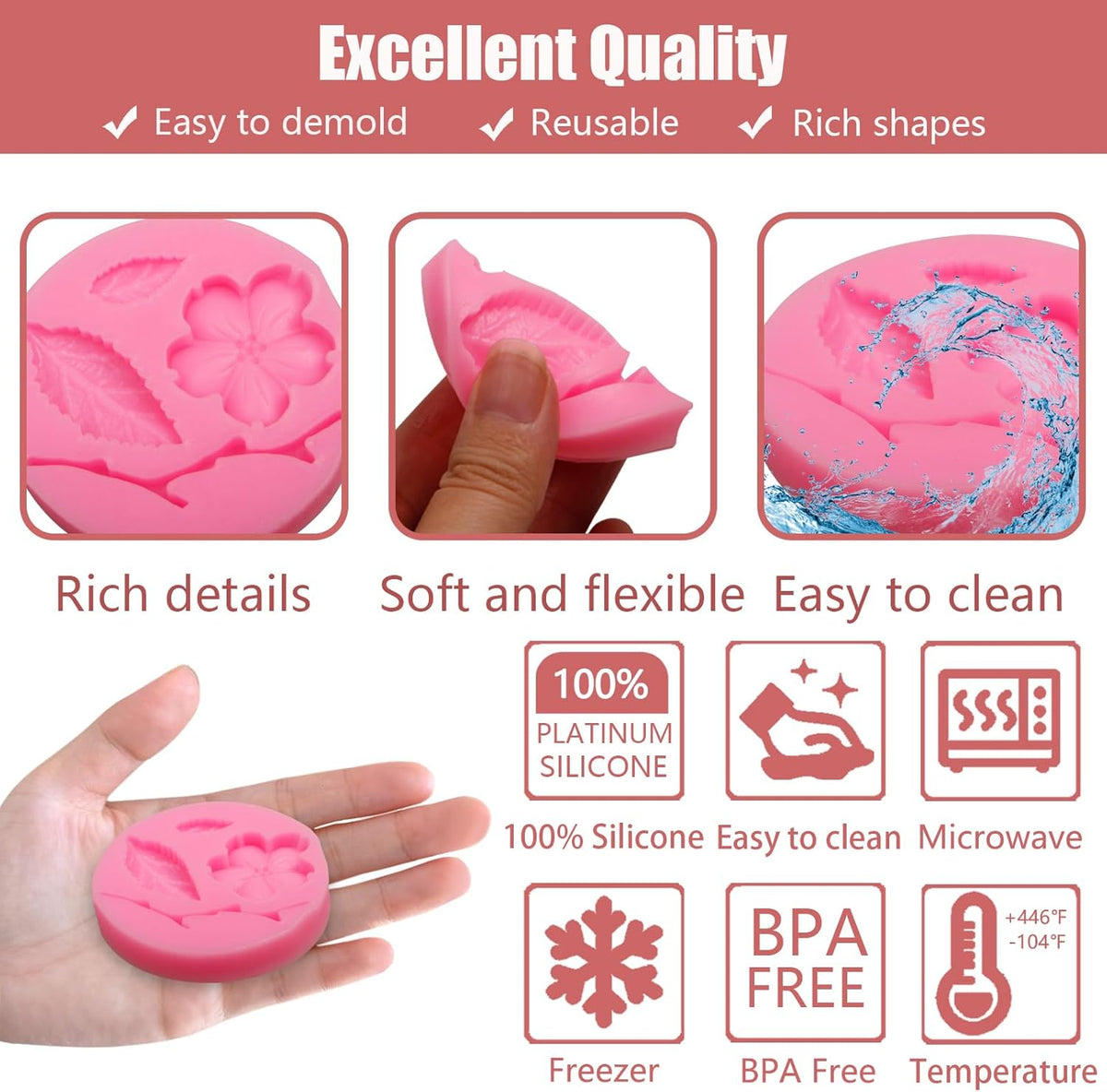 Peach Blossom Shape Molds 4 Pcs, Plant Flowers Leaf Fondant Silicone Molds for Cake Decoration