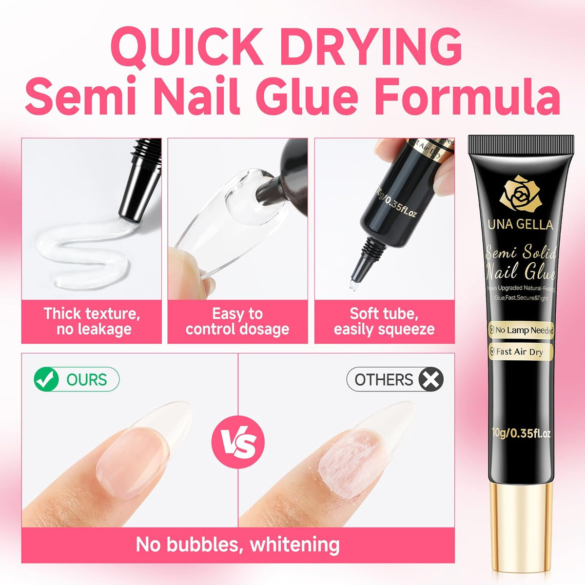 UNA GELLA Lamp-Free Semi Solid Nail Glue for Press Ons: 10ml and Soak Off Gel Nail Glue Remover for