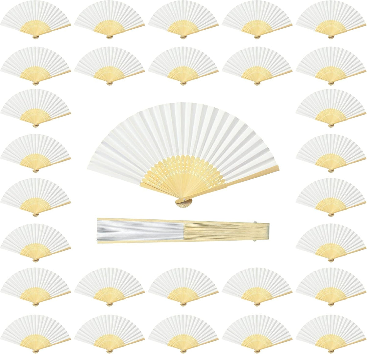 Coucoland 100 Pcs White Bamboo Folding Handheld Fan Hand fan for Wedding Home Decoration Party
