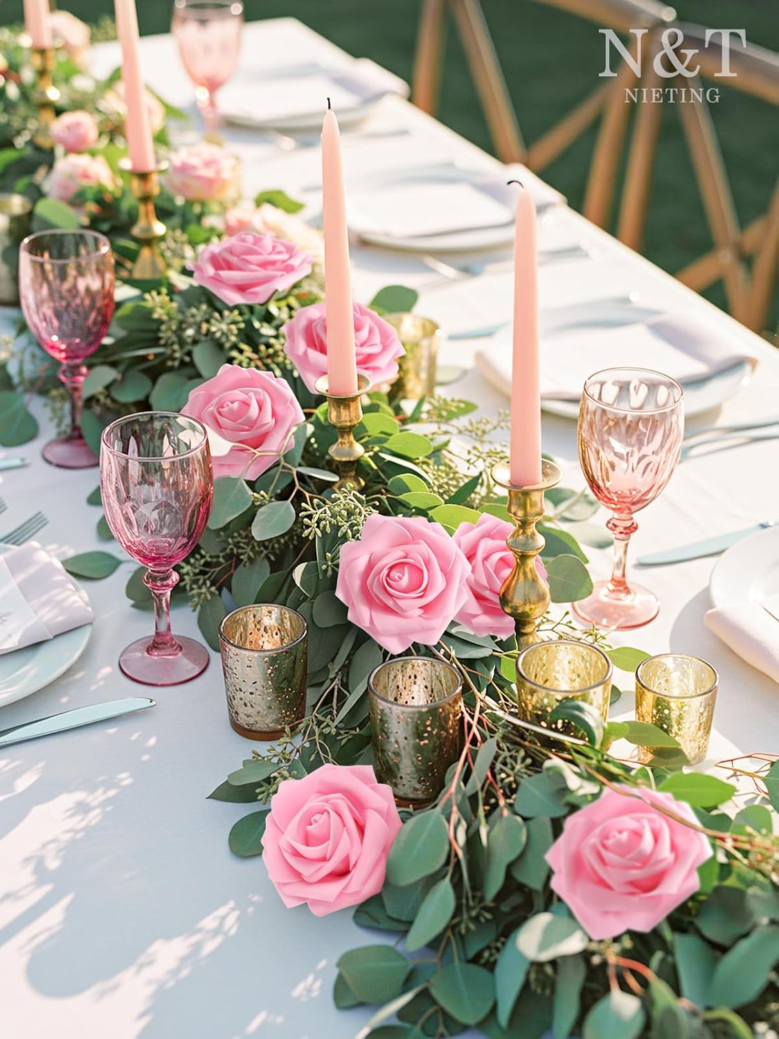 N&T NIETING Artificial Flowers Pink Roses, 50Pcs Fake Flowers Foam Roses with Stems for DIY Wedding