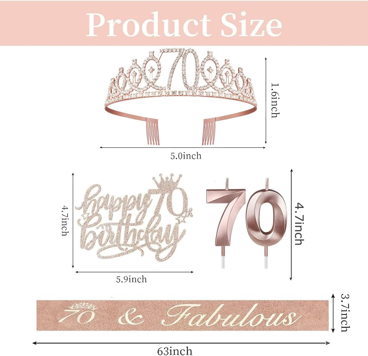 70th Birthday Decorations for Women, Including Sash, Crown/Tiara, Candles, Cake Topper, 70th