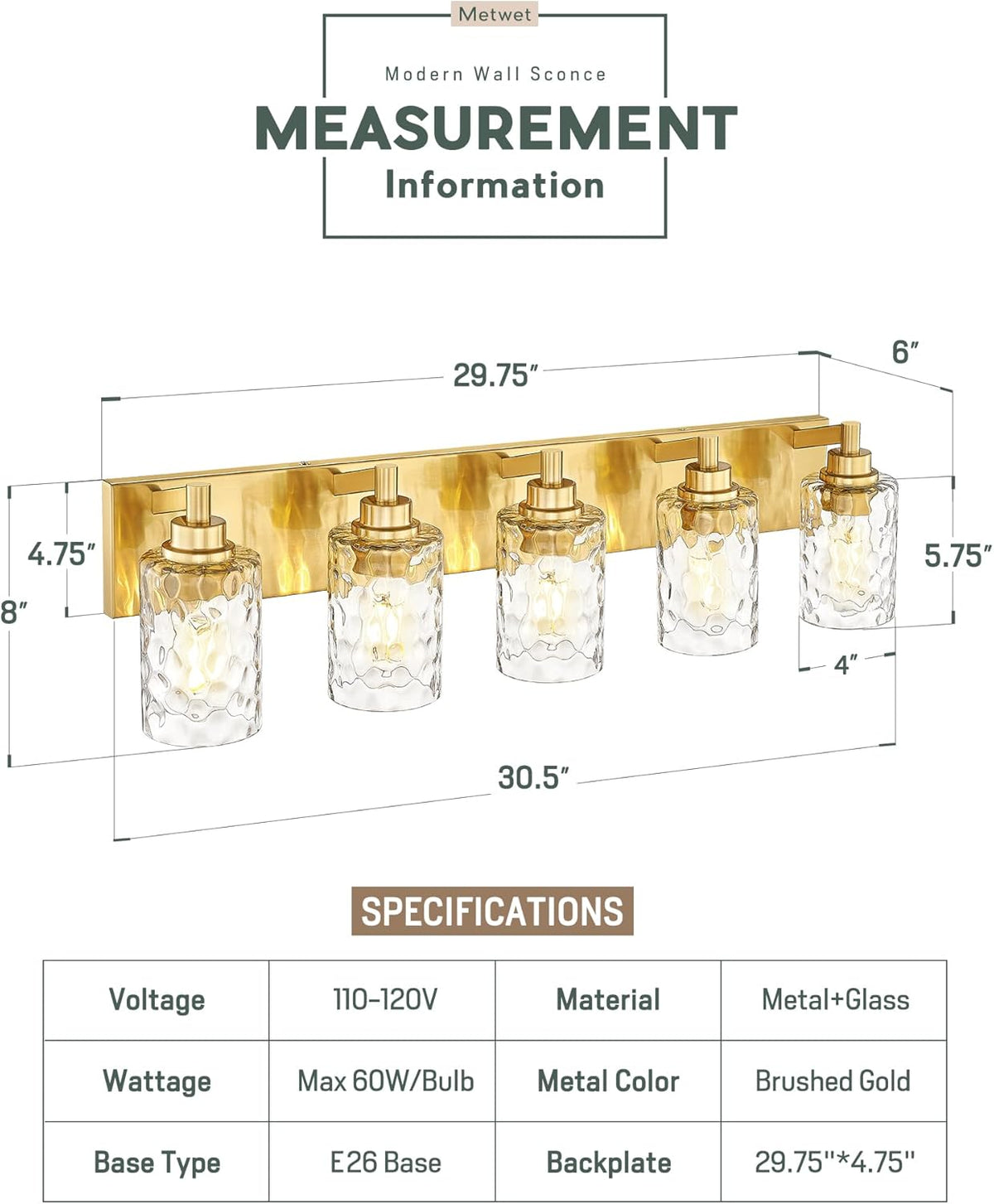 5-Light Bathroom Light Fixtures, 30 Inch Brushed Gold Vanity Lights with Clear Hammered Glass