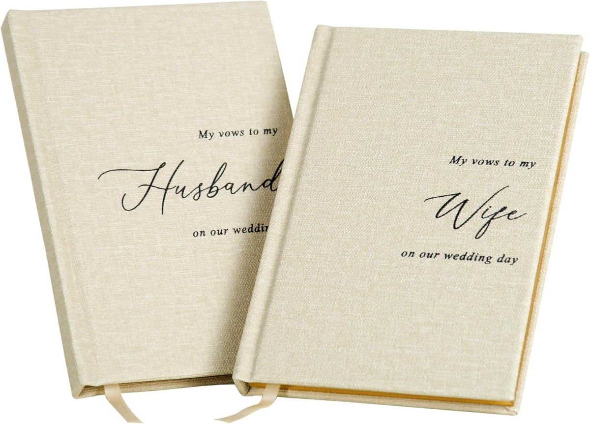 MUUJEE Hard Cover Vow Books (Set of 2) - Cream Canvas Linen Foil Embossed Wedding Ceremony Vow
