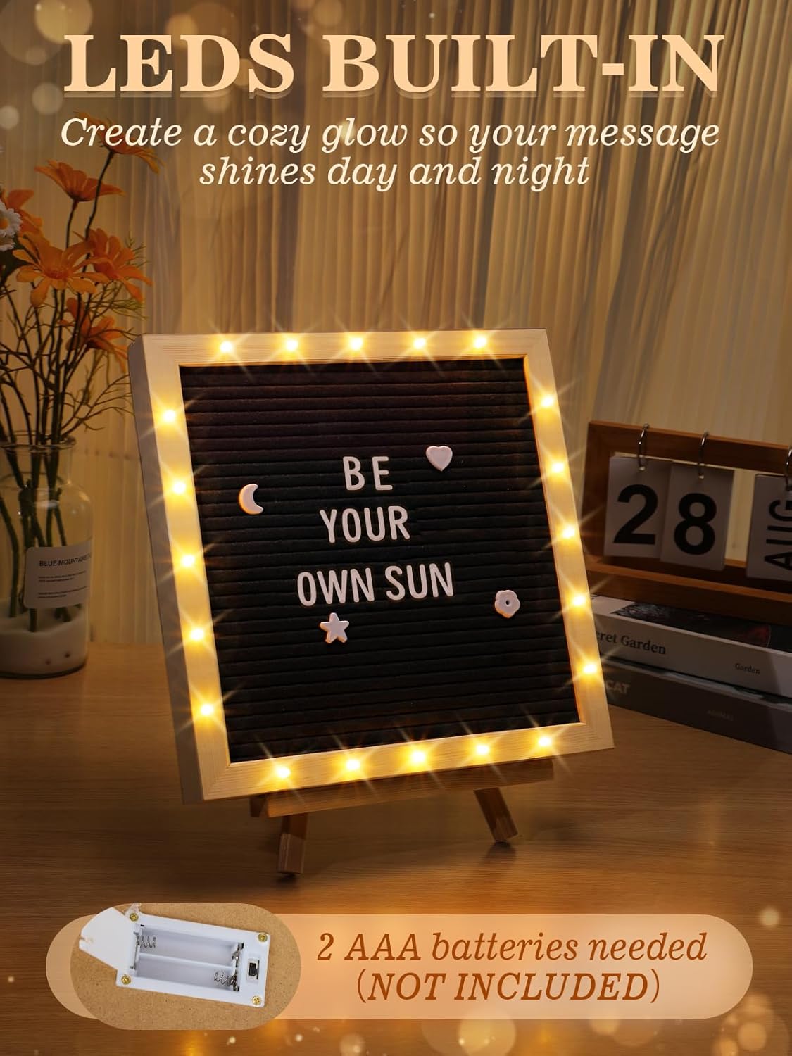 Light up Changeable Felt Letter Board Sign with LED Lights - 10×10" Message Board & Wood Stand &