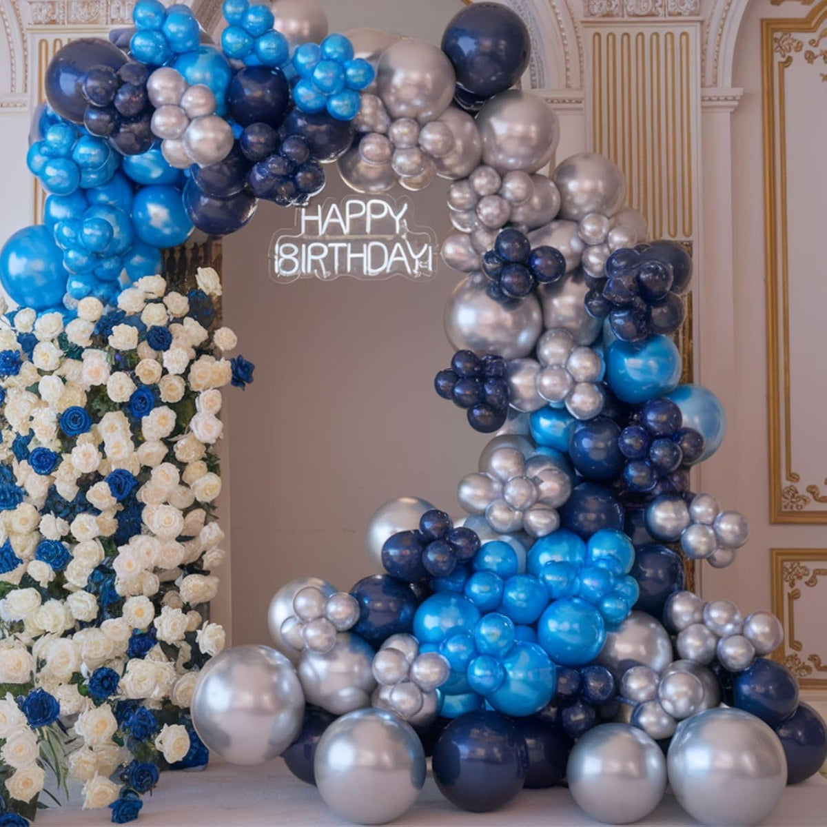 Blue and Silver Balloons, 12 Inch Navy Blue Balloons, Pearl Blue Metallic Silver Confetti Balloon