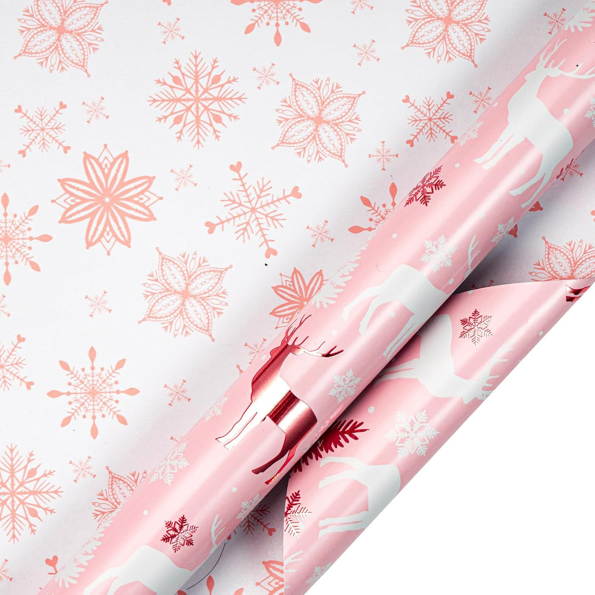 LeZakaa Christmas Pink Wrapping Paper Mini Roll, Reindeer & Snowflake, Metallic Foil, Rose Gold
