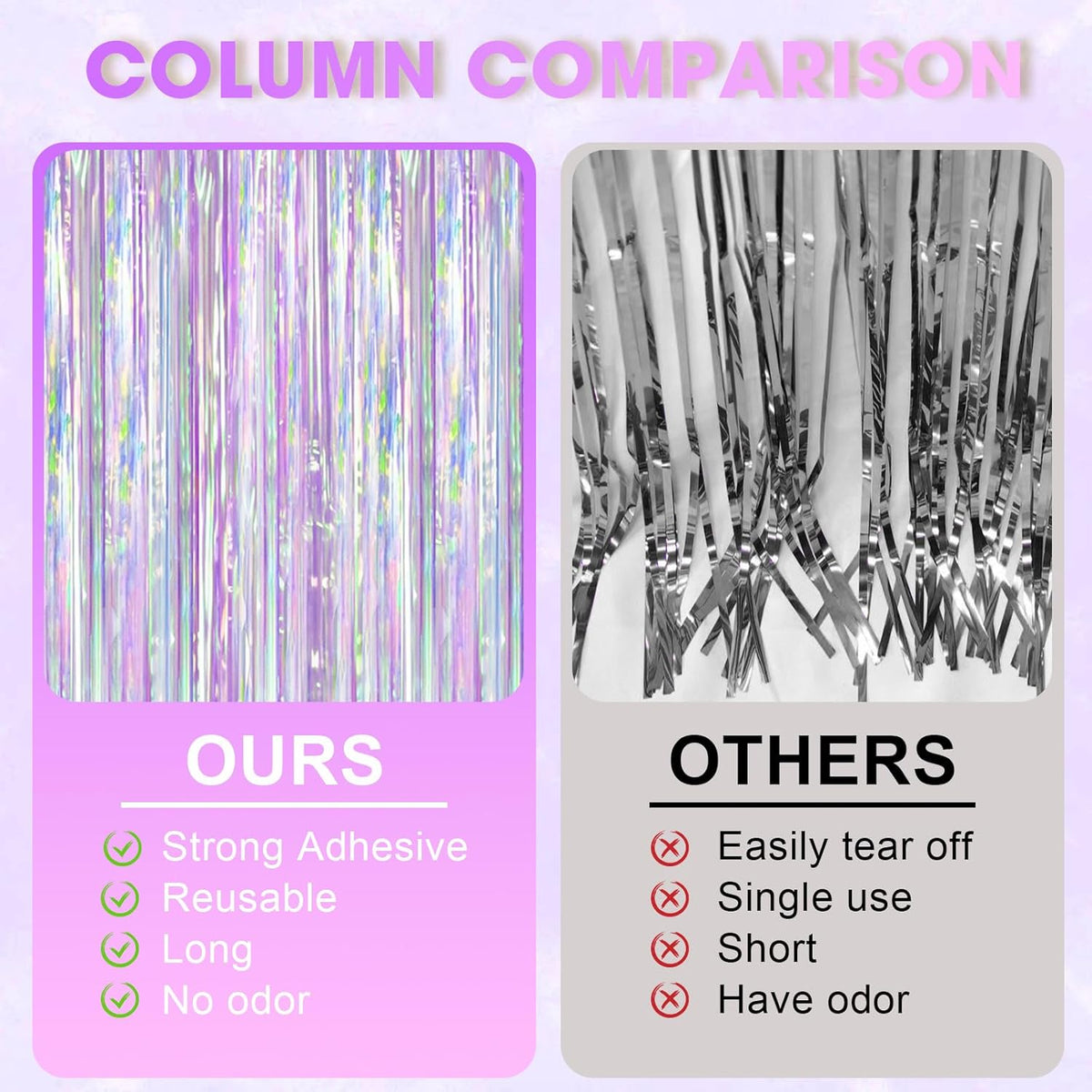 2 Pack Iridescent Purple Foil Fringe Curtains, Glittering Tinsel Streamers Party