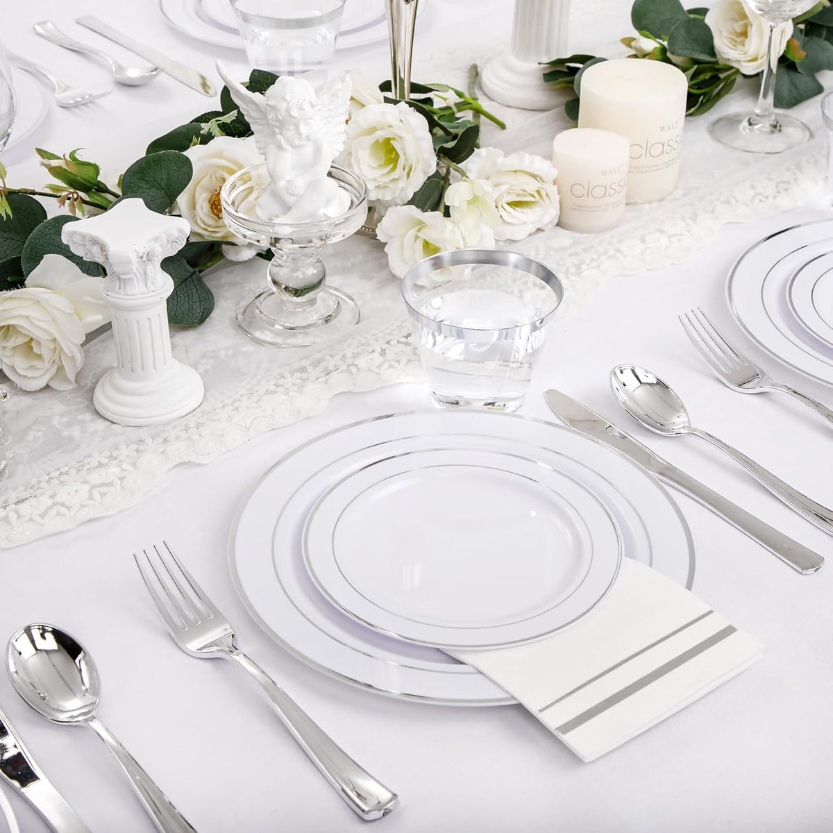 NOCCUR 700PCS Silver Plastic Plates Disposable for 100 Guests - Include 100 Dinner/Dessert White