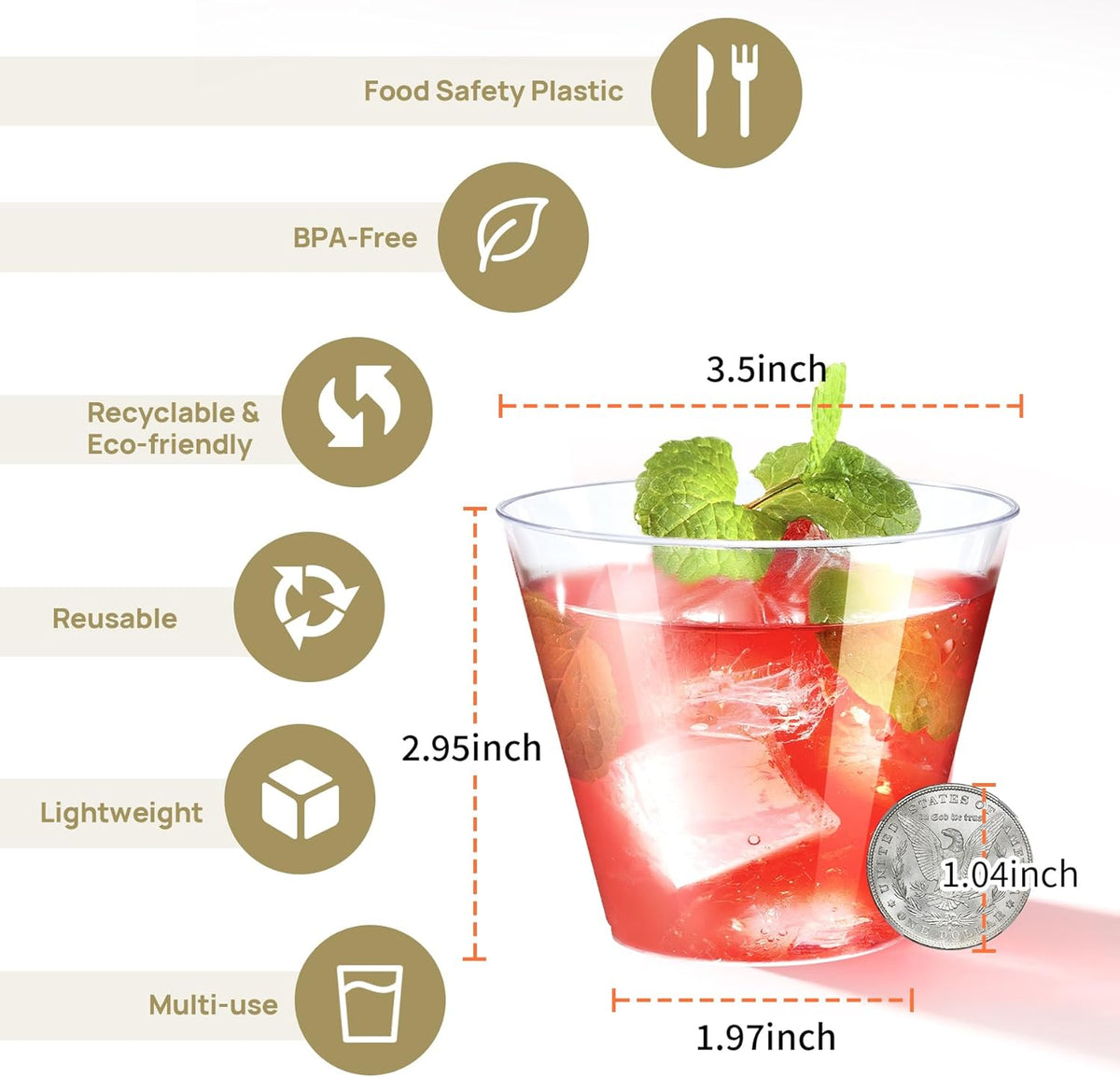 100Counts 9 OZ. Disposable Cups Old fashioned Party Tumblers, 9 Ounce Squat Cups Clear Hard Plastic