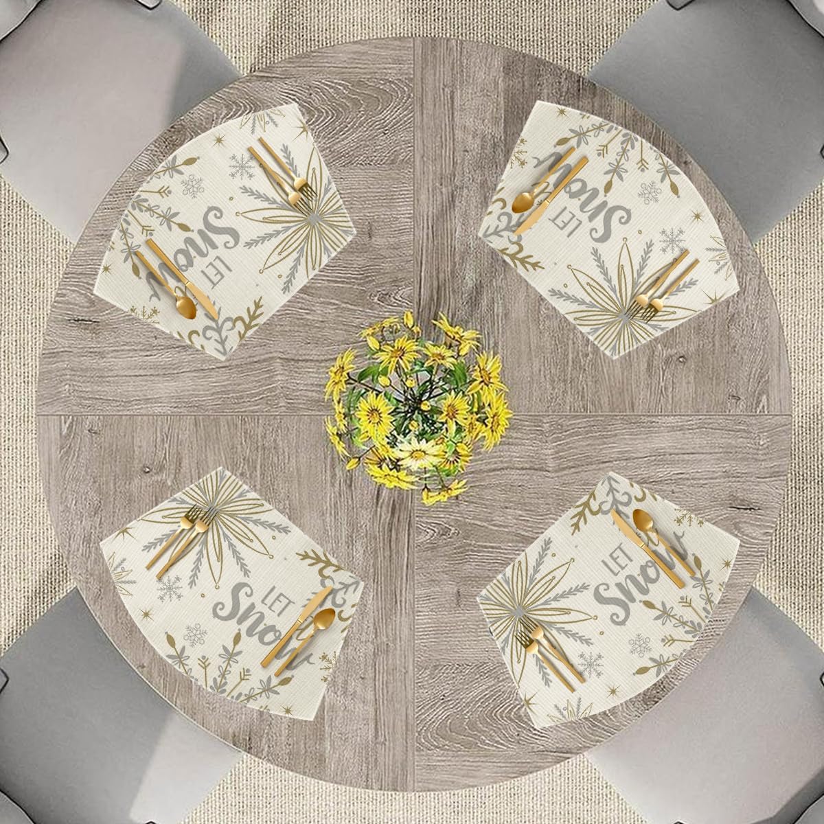 Artoid Mode Christmas Snowflakes Wedge Shape Placemats for Round Table Set of 4, Let it Snow Winter
