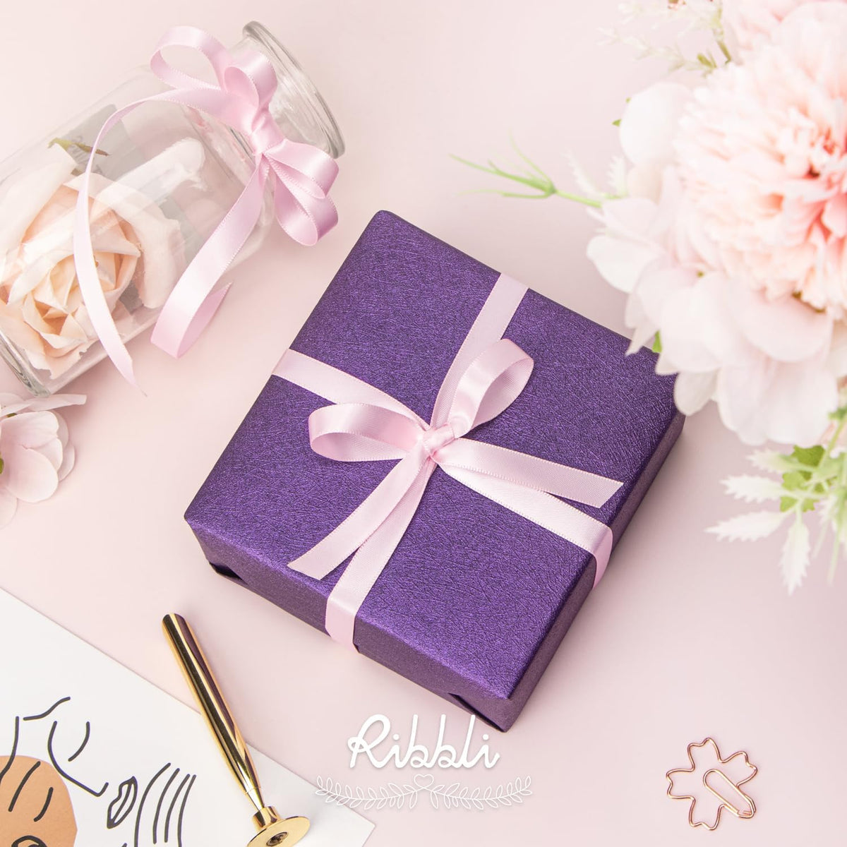 Ribbli Double Faced Light Pink Satin Ribbon,3/8” x Continuous 25 Yards,Use for Bows Bouquet,Gift
