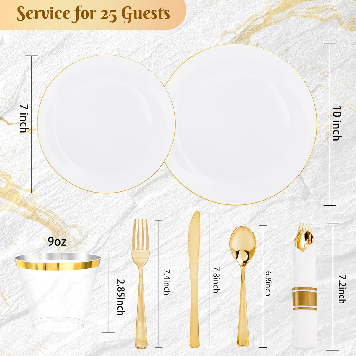 KIRE 175PCS Gold Plates Disposable - Heavy Duty White and Gold Plastic Plates Dinnerware Sets - 25