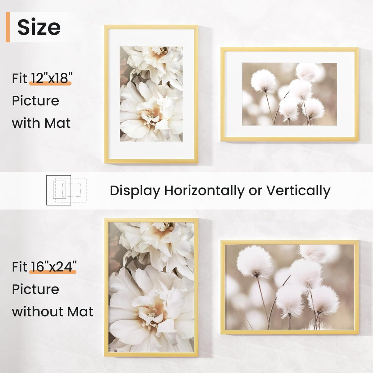 16x24 inch Picture Frame, 16x24 Photo Frames with 12x18 Removable Mat - High Definition Plexiglass