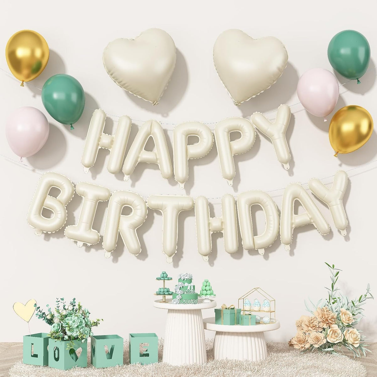 Happy Birthday Balloon Banner Cream Green, 16 Inch Beige Mylar Letters Heart Foil Balloons Sage