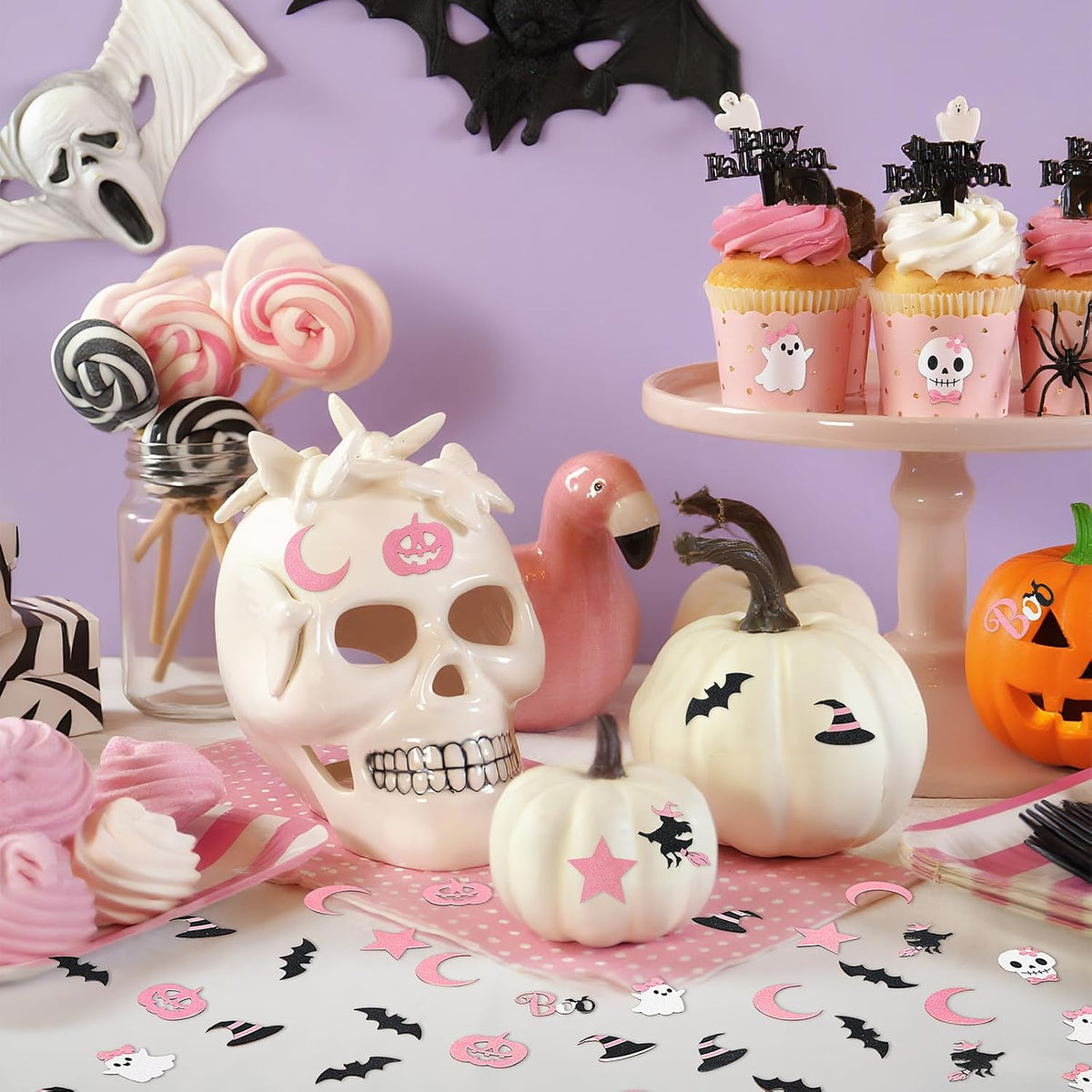 MARFOREVER Pink Halloween Confetti Glitter, Halloween BOO Witch Bat Pumpkin Ghost SkeletonTable