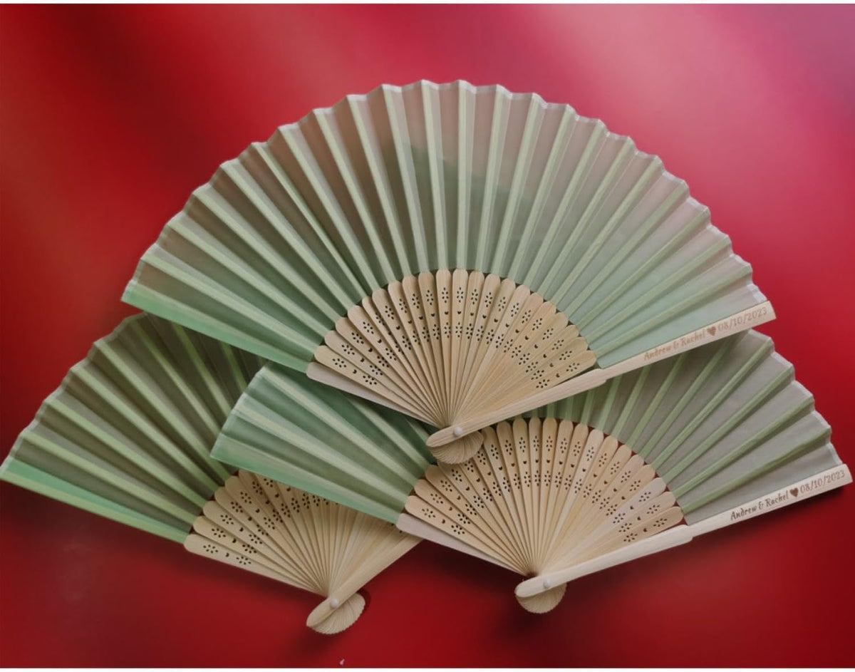 Personalized Wedding Fans Handheld Folding Fans (5Pcs) - Custom Engraved Green Silk Fans for Bridal