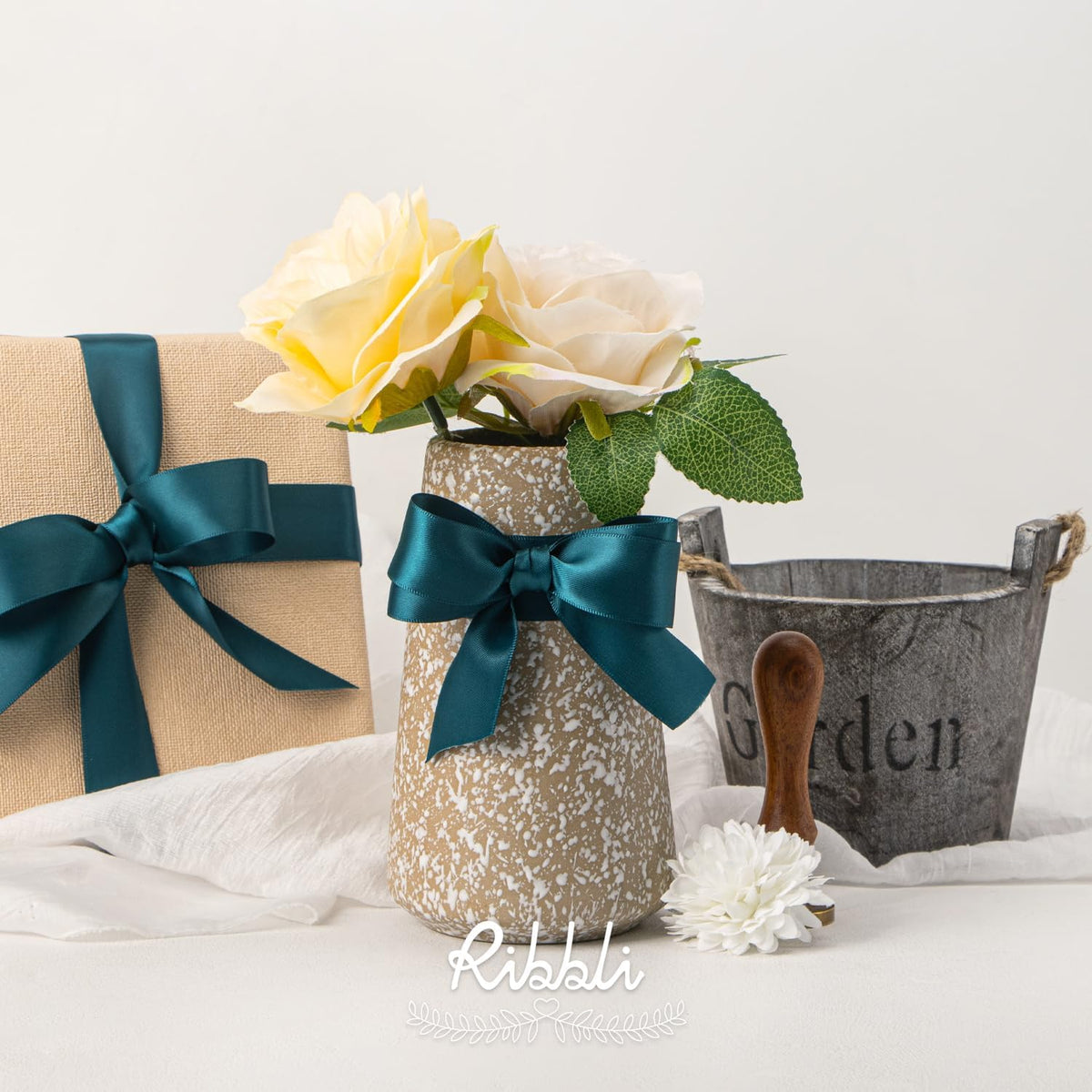 Ribbli Double Faced Teal Ribbon,1” x Continuous 25 Yards,Use for Bows Bouquet,Gift Wrapping,Floral