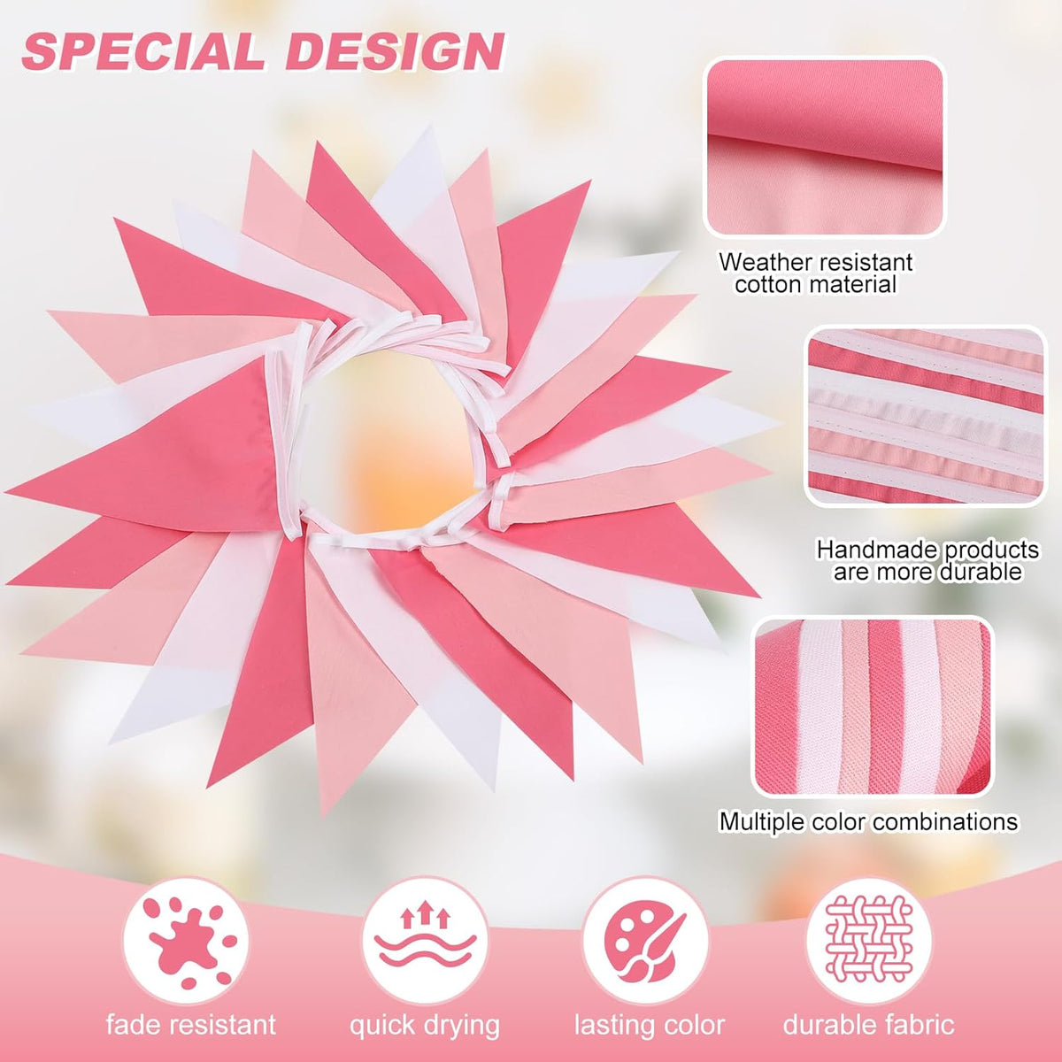 Pink Pennant Banner Triangle Flag Bunting Garland for Wedding Birthday Baby Shower Graduation