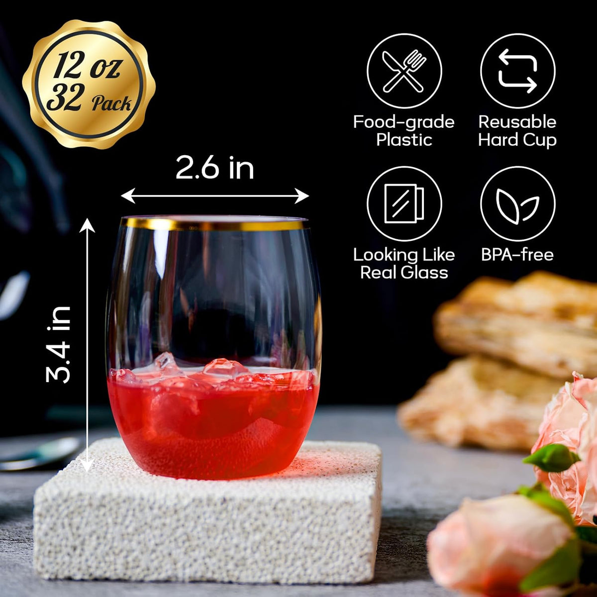 FOCUSLINE 32 Pack 12 OZ Plastic Wine Glasses, Stemless Disposable Wine Cups, Gold Rim Unbreakable