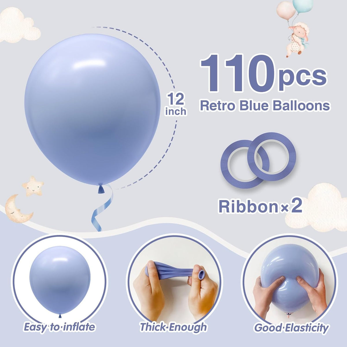 110pcs Dusty Blue Balloons 12 Inch Retro Blue Latex Balloon Garland Arch Kit for Birthday Baby