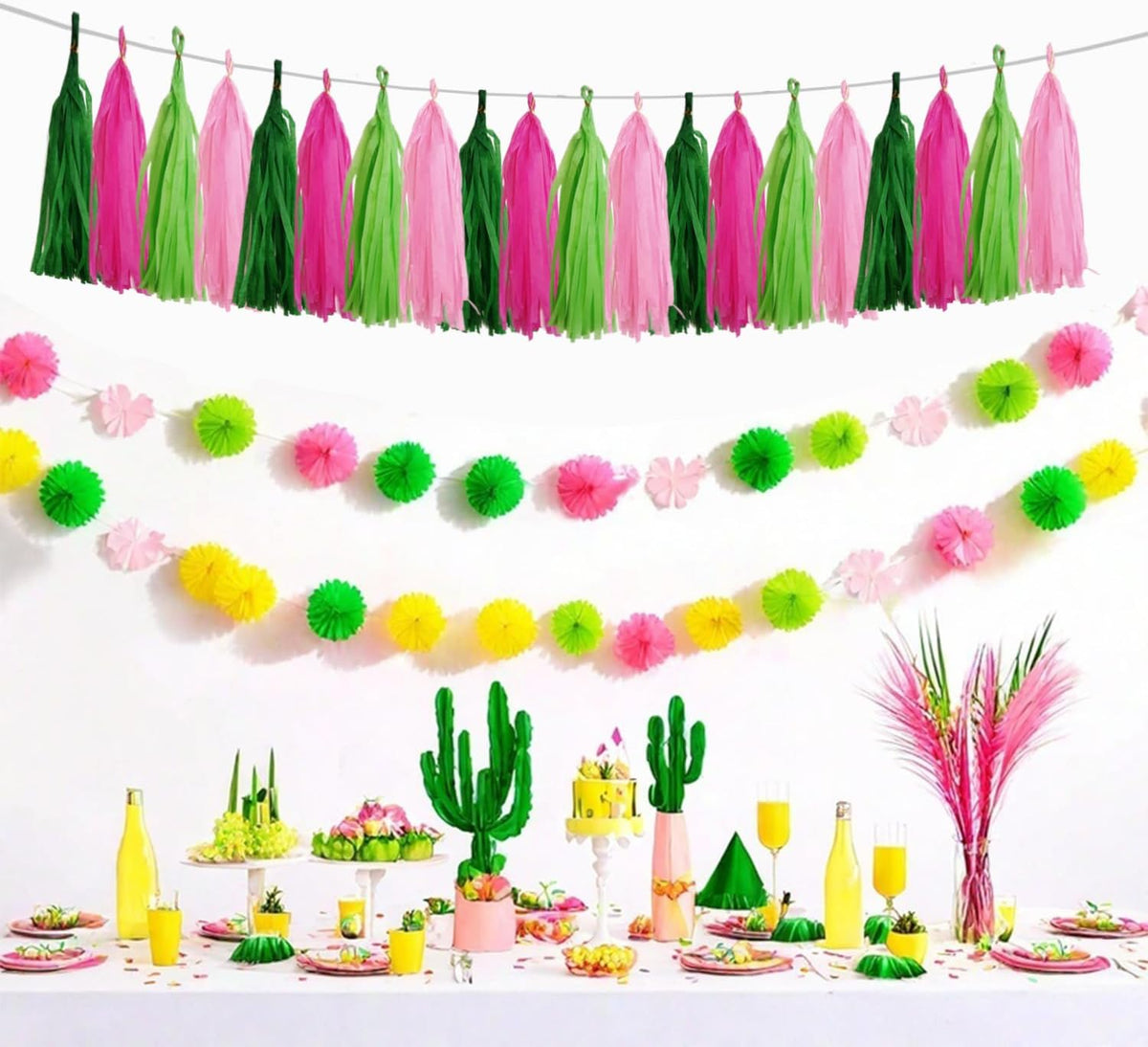GAKA Pink and Green Paper Tassel Party Tassel Garland Banner for Theme Party Birthday Wedding