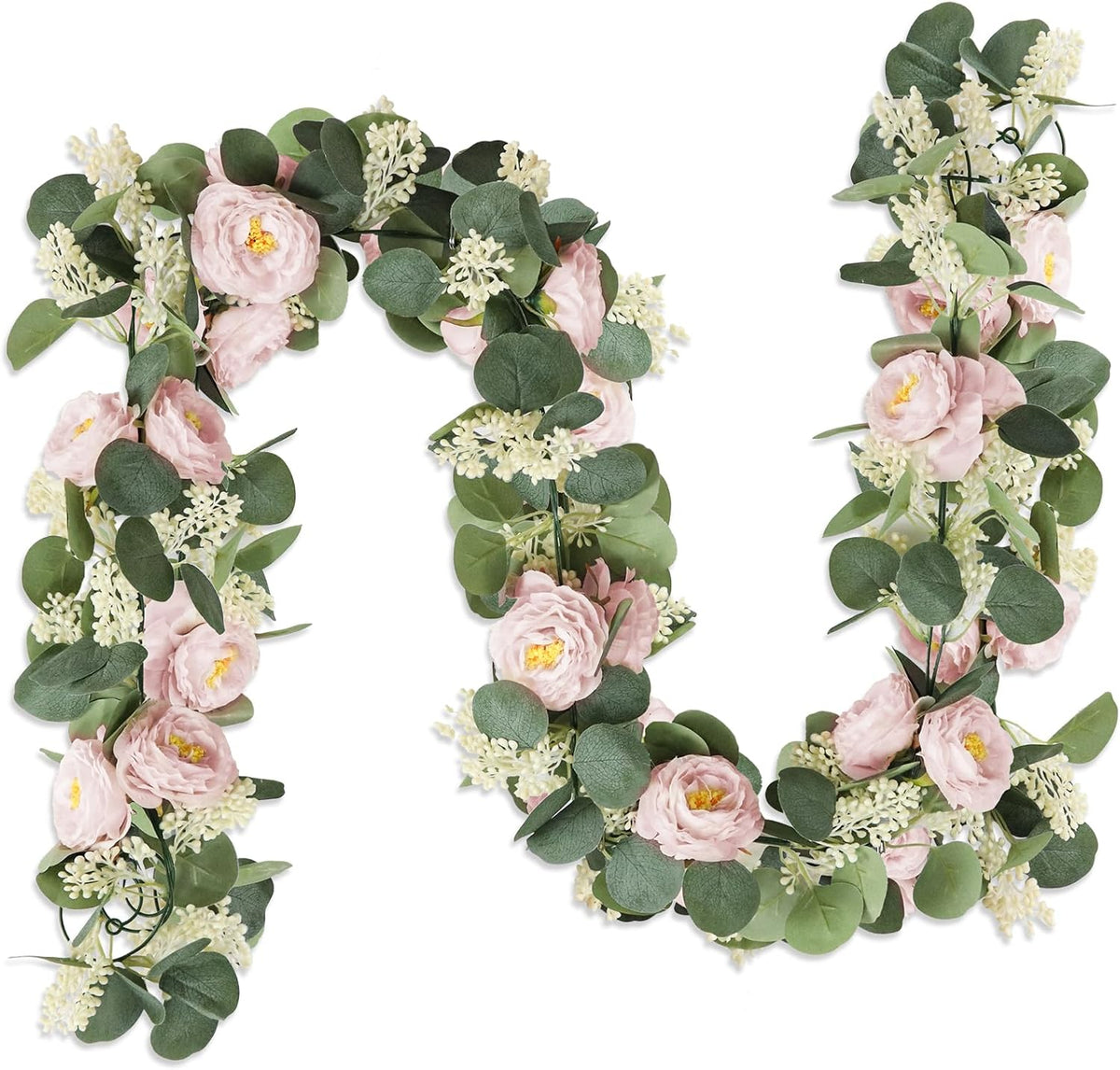 MAKHOT 2 Pcs Pink 6.6Ft Artificial Eucalyptus Flower Garland with Fake Rose Flower Vine Seeded