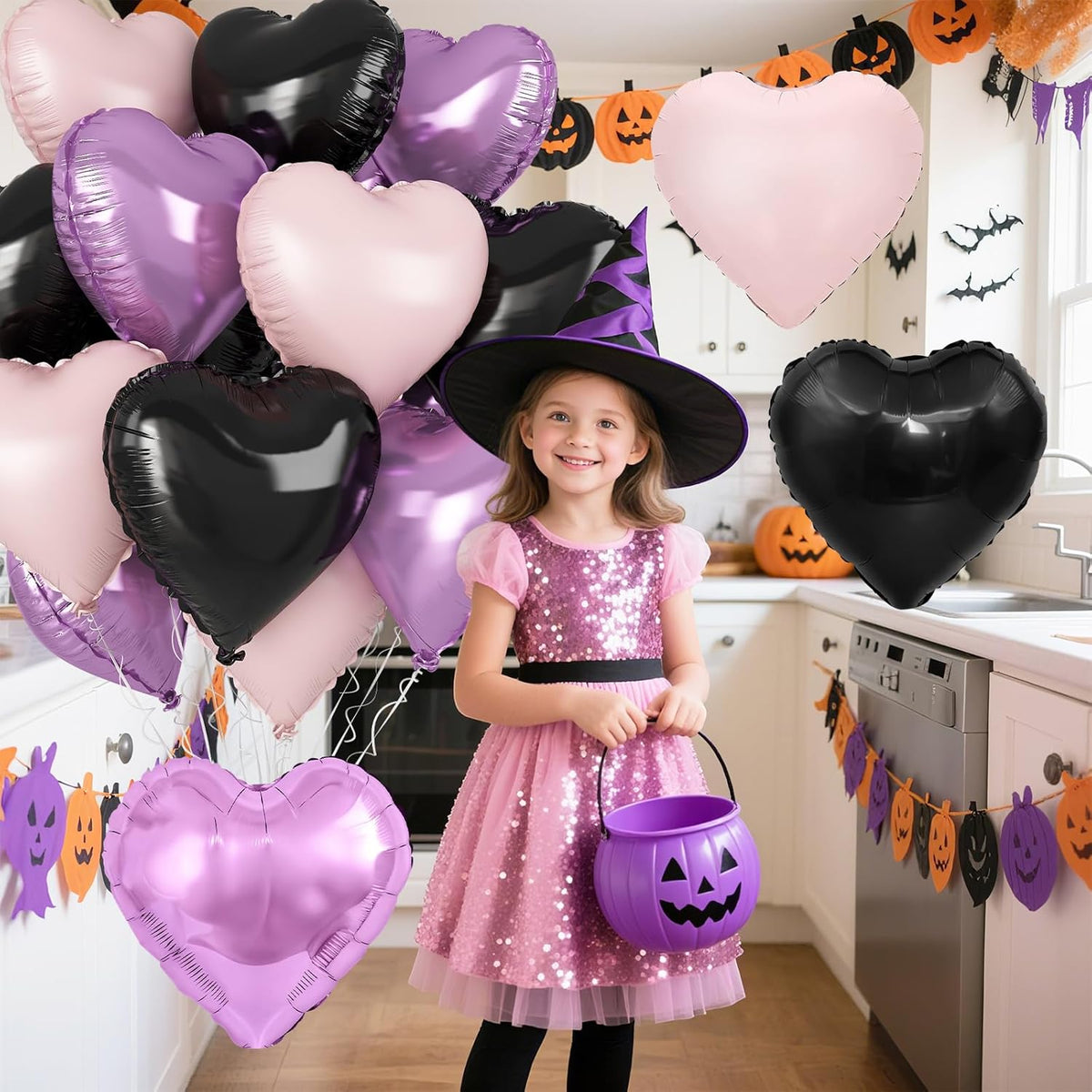 Purple Pink Black Heart Balloons, 18 Inch Baby Pink and Purple Black Heart Foil Shape Balloon