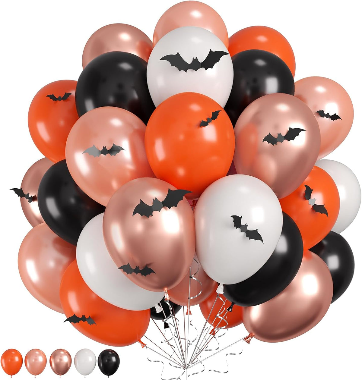 Halloween Balloons, 60PCS Black Orange Balloons, Black Orange White Rose Gold Balloon with 4