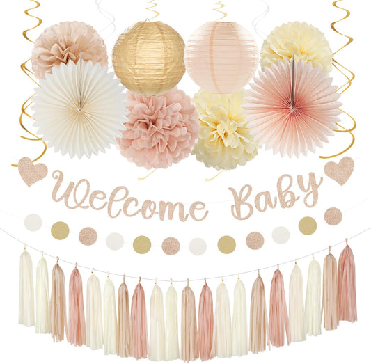 Champagne-Gold Beige Fall Baby-Shower Party-Decorations - 36pcs Welcome Home Banner Sign,Neutral