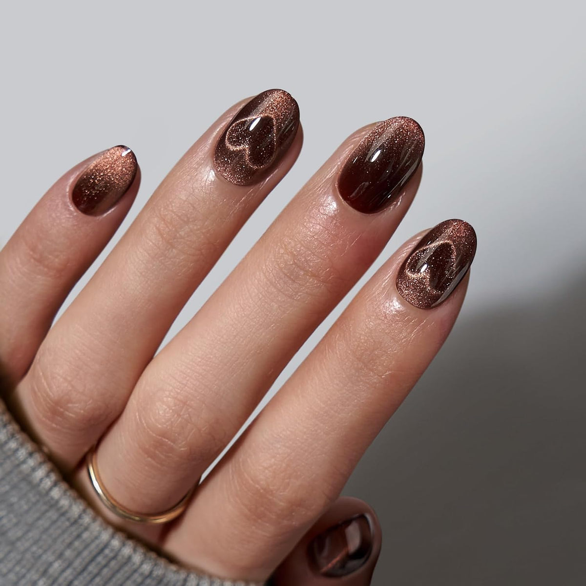BTArtbox Extra Short Almond Press On Nails - Brown Cat Eye Press On Nails with Glue for Women
