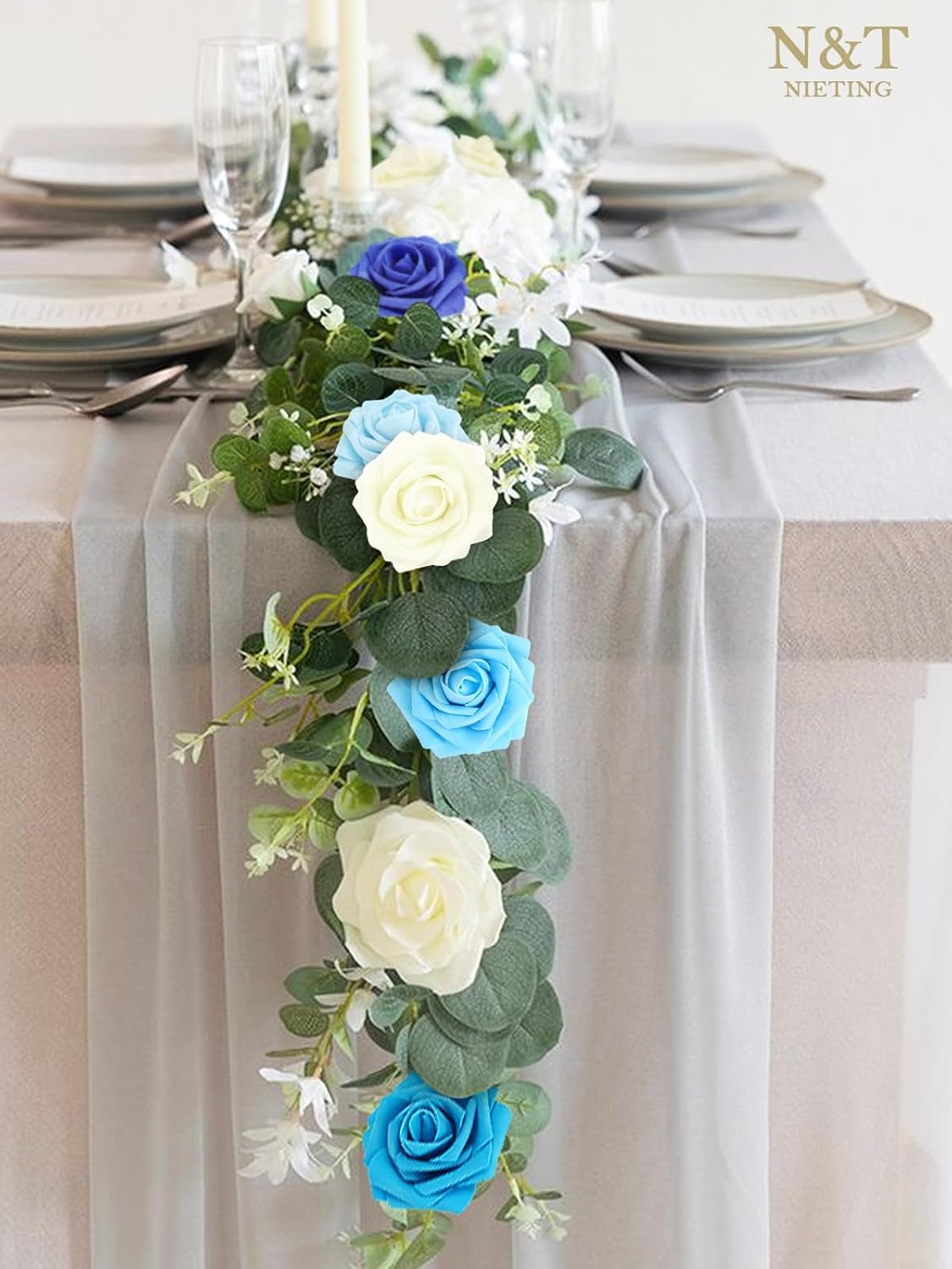 N&T NIETING Blue Roses Artificial Flowers, 50pcs Fake Flowers Rose Perfect for DIY Wedding