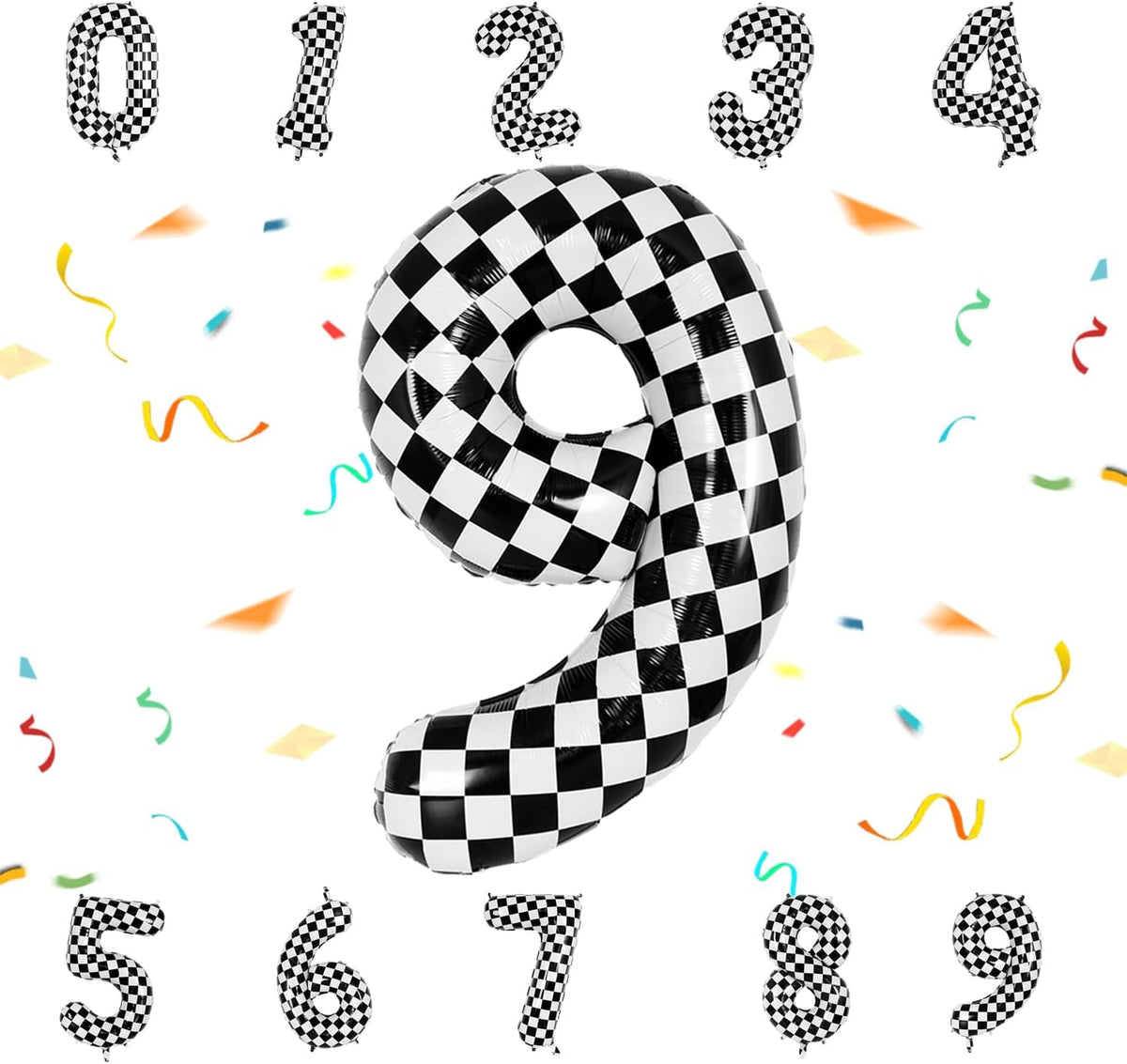 40 Inch Checkered Number Balloon - Race Flag Pattern Big Helium Balloon for Birthday Party