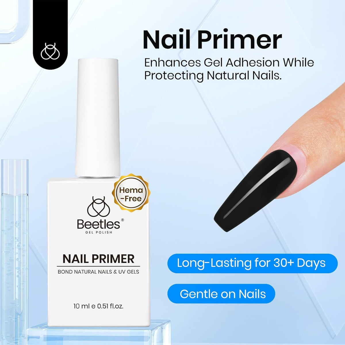 Beetles 3Pcs Gel Nail Glue Nail Dehydrator and Primer, Professional Nail Prep Acid-Free & Hema-Free