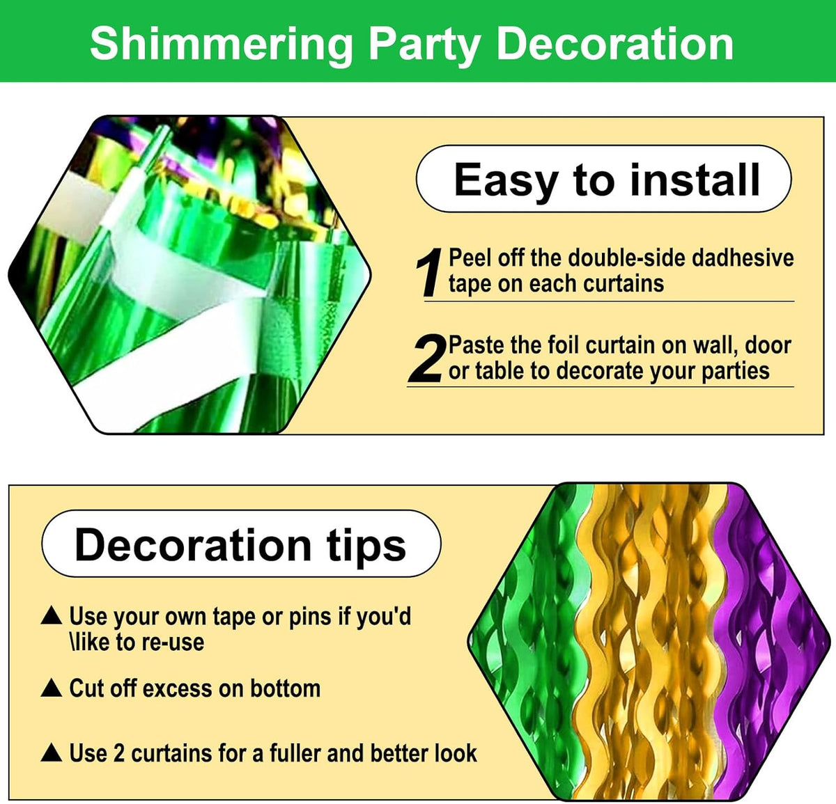 4 Pack Gold Green Purple Wave Foil Fringe Curtain Backdrop, 3.28Ft x 8.2Ft Metallic Tinsel Foil
