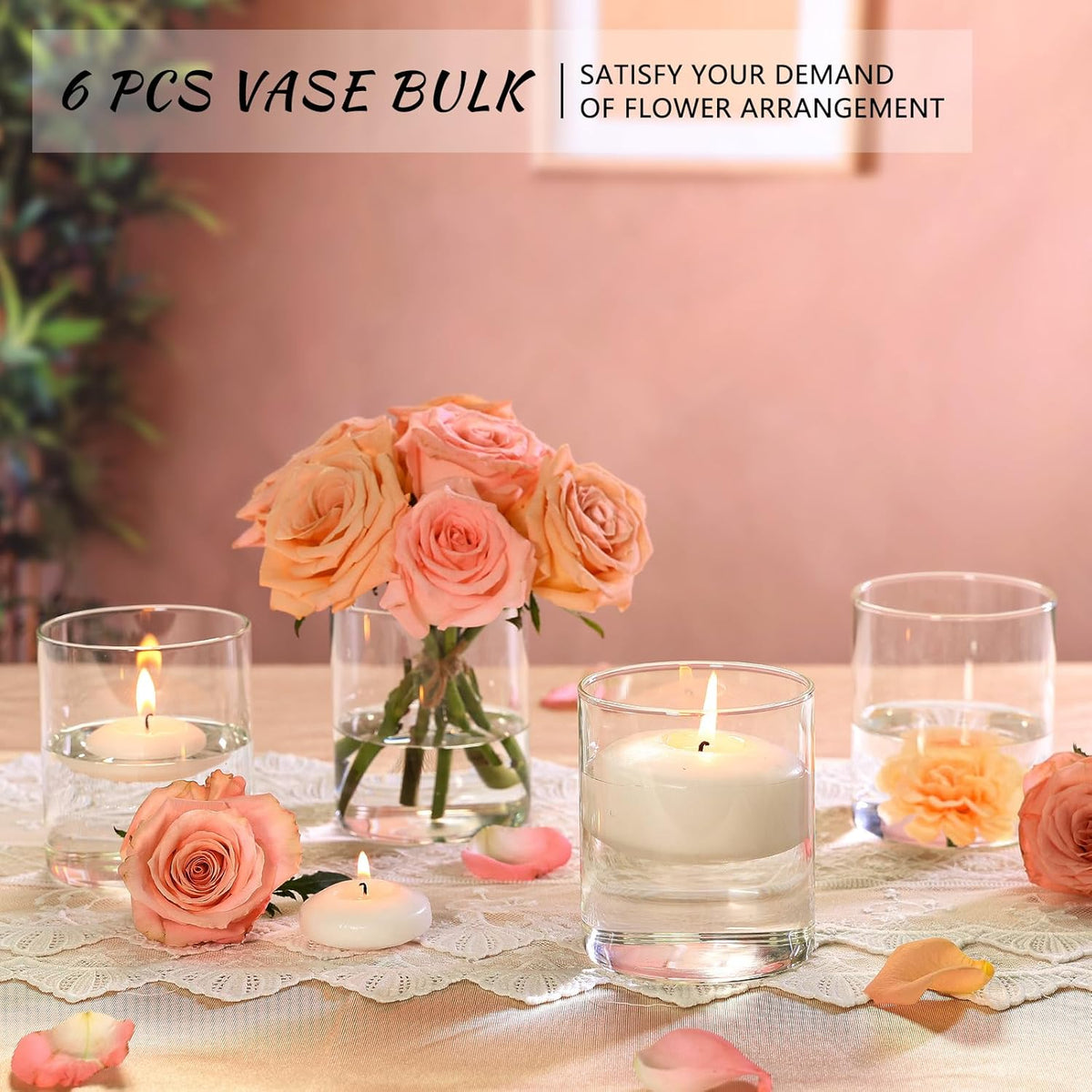 Glass Cylinder Vase Set of 6 for Centerpieces, 5 Inch Short Clear Flower Vases Bulk, Glass