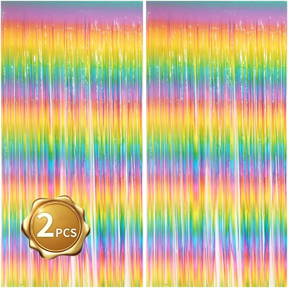 BEISHIDA 2 Pack Light Rainbow Foil Fringe Curtain Assorted Colorful Tinsel Metallic Curtains Photo