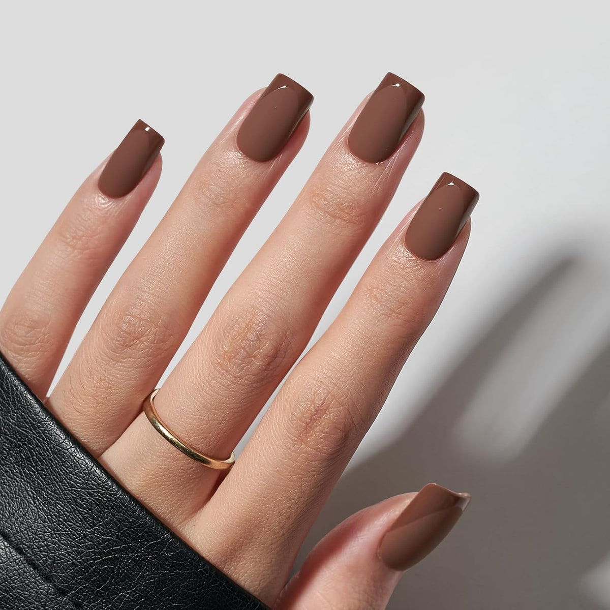 BTArtbox Press on Nails Short Square - Dark Brown Nails with Glossy French Tips in a Matte Finish
