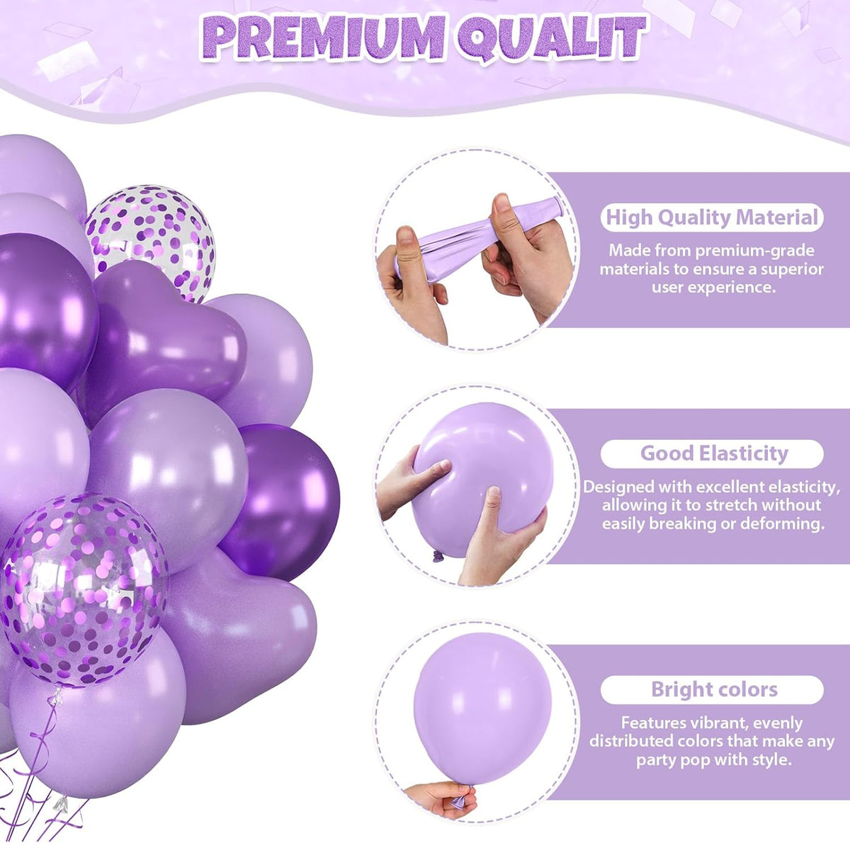 Purple Balloons, 60pcs Metallic Purple Balloons With Matte Macaron Heart Latex Balloon Confetti