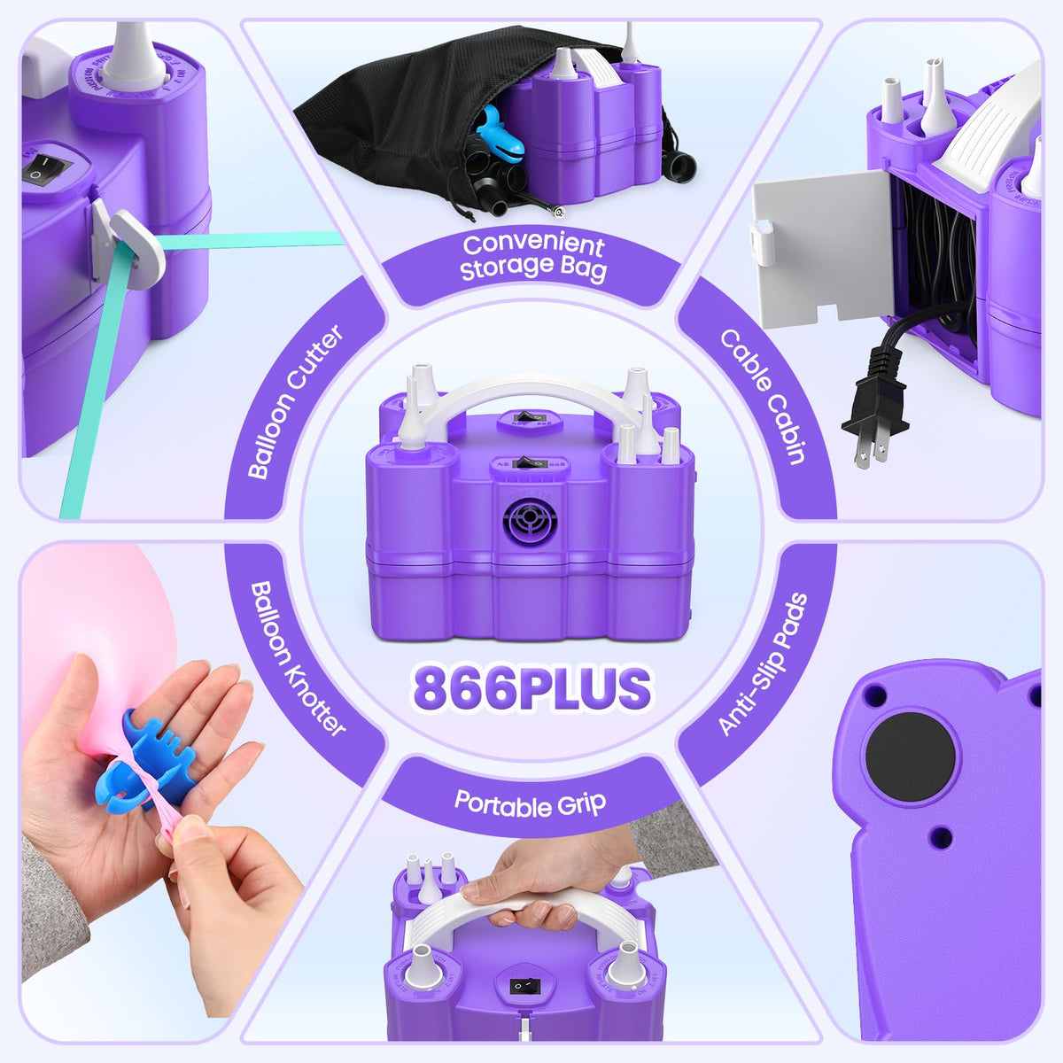 Electric Balloon Pump, 4-in-1 Triple Nozzles for All Balloons - Purple