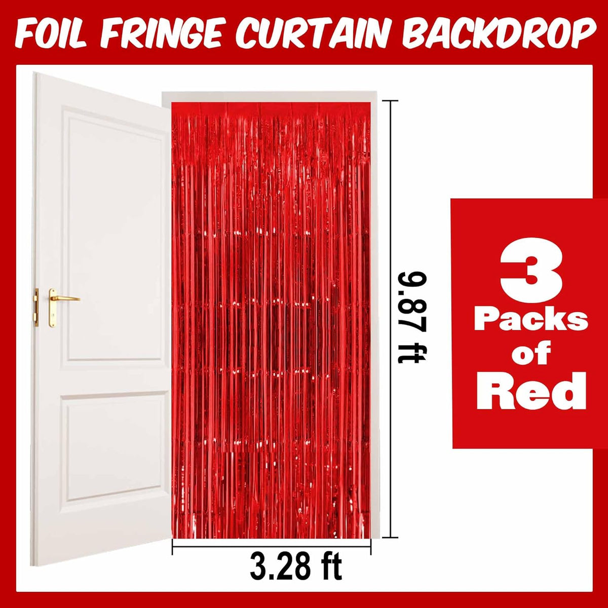 3 Pack Red Foil Fringe Curtains Backdrop, 3.28 x 9.8 Ft Metallic Streamers Tinsel Curtains