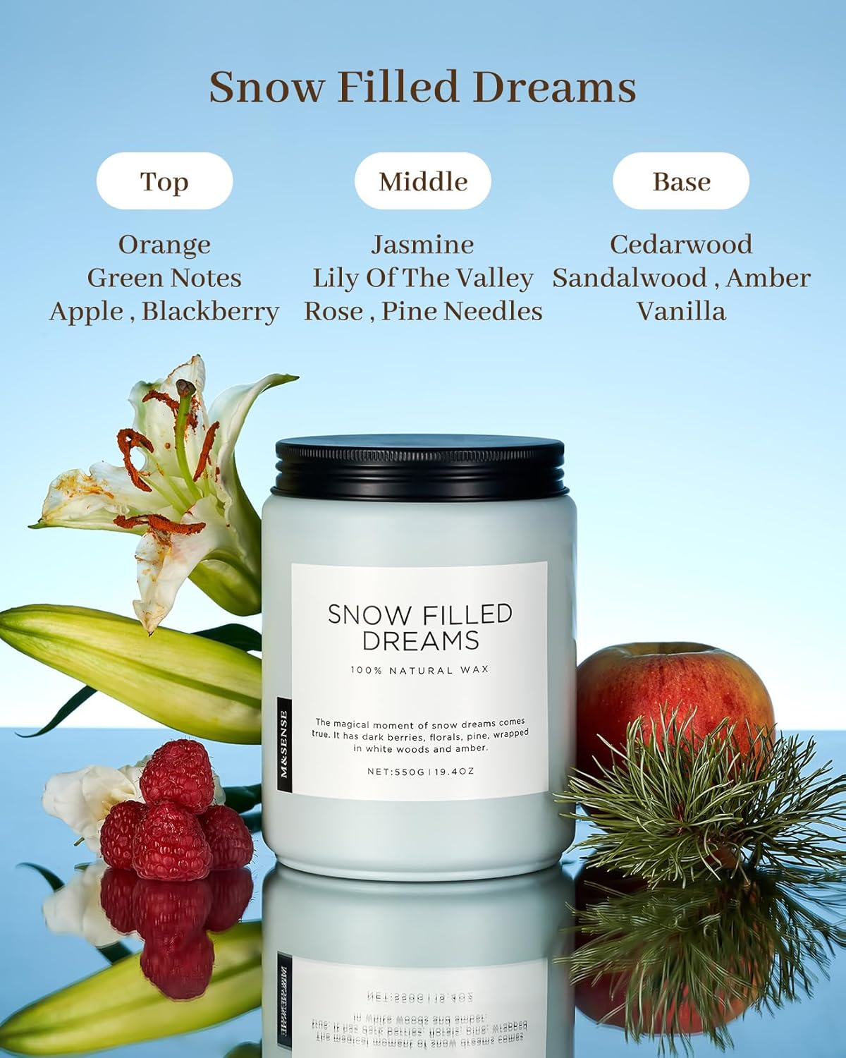 M&SENSE Snow Filled Dreams - Jasmine & Pine Large Scented Candles, 19.4oz 110 Hour Clean Non Toxic