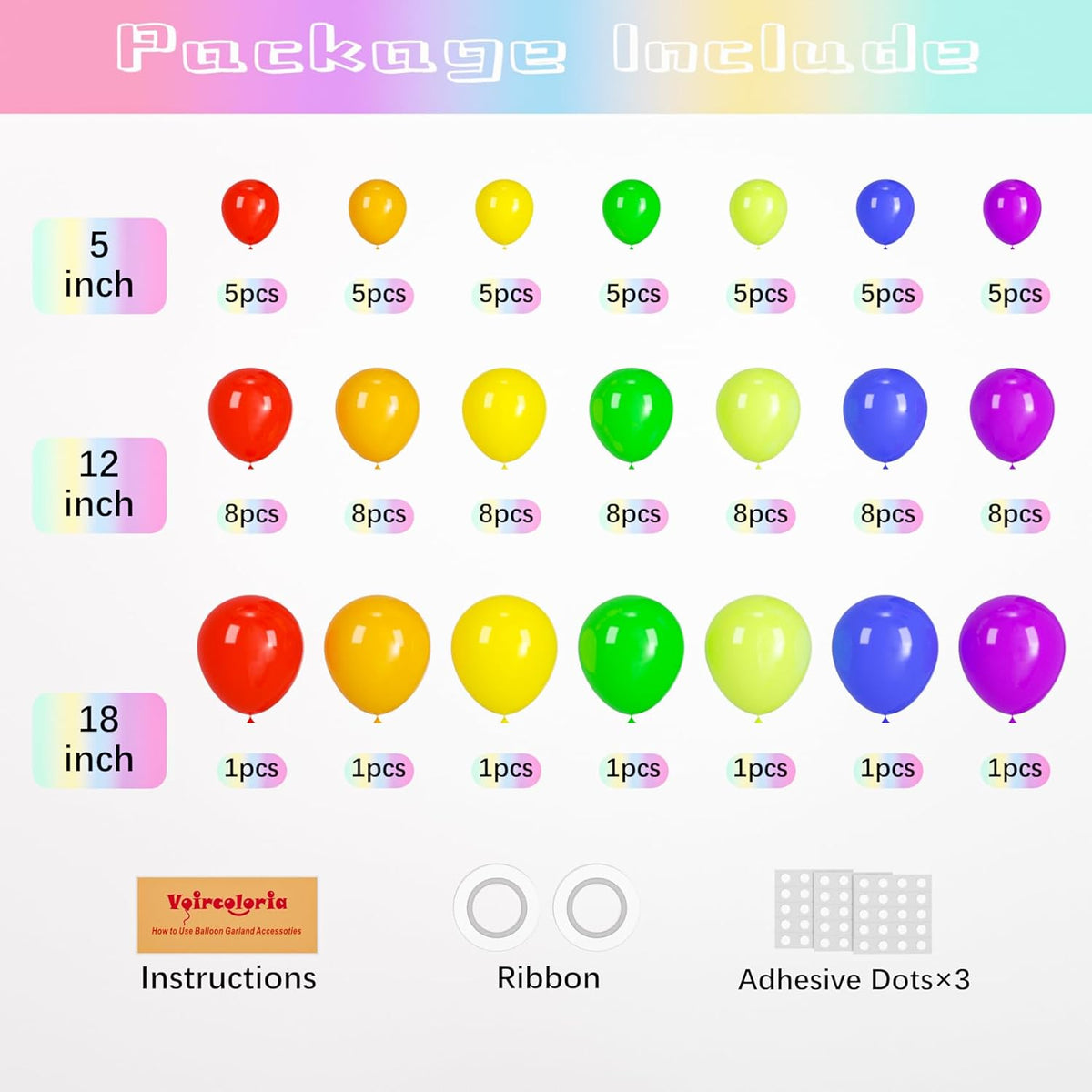 98pack Rainbow Balloons Different Size 18/12/10/5 Inch Rainbow Colorful Balloon Garland Arch Kit