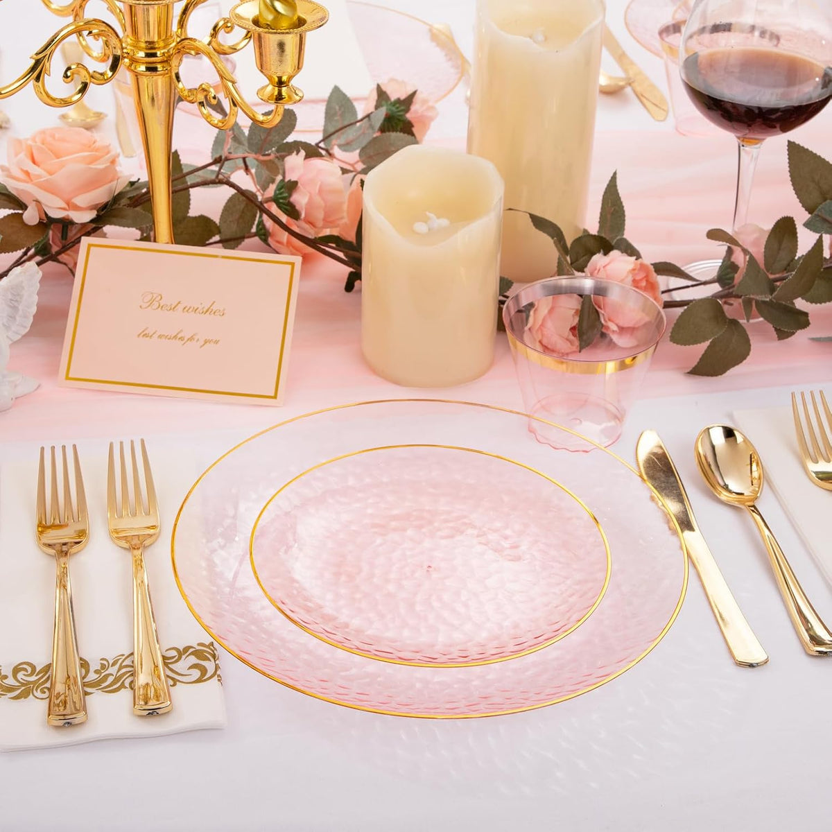 Rubtlamp 175 Pcs Pink Plastic Plates Dinnerware Set (25 Guests), Pink Disposable Plates With Gold