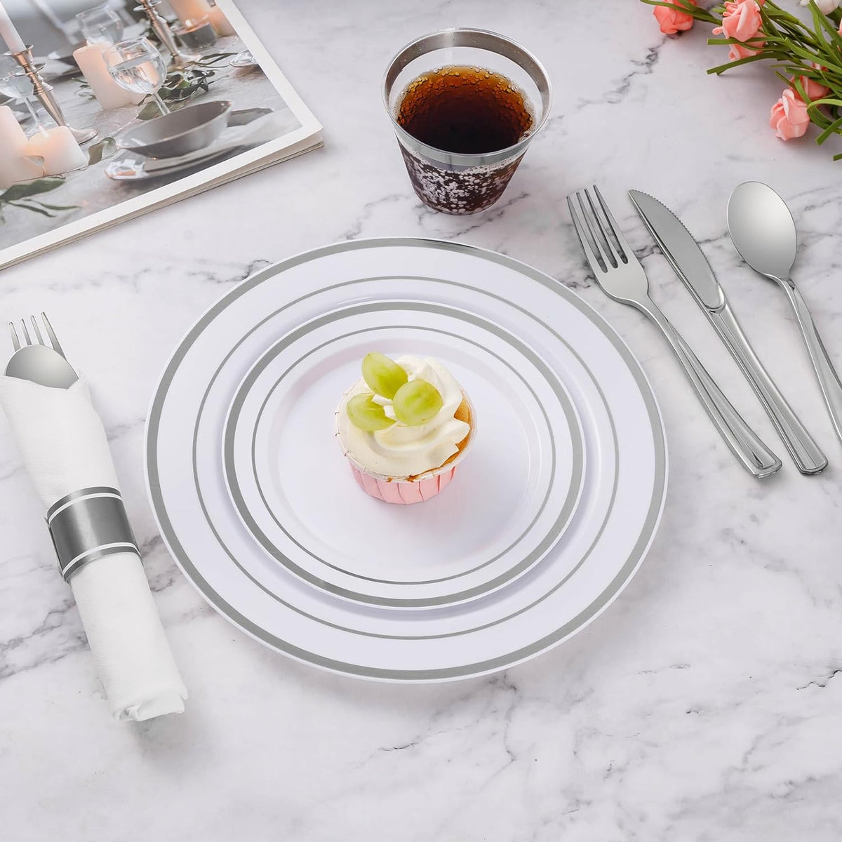 Goodluck 700 Piece Silver Plastic Dinnerware Set for 100 Guests, Disposable Plates for Party