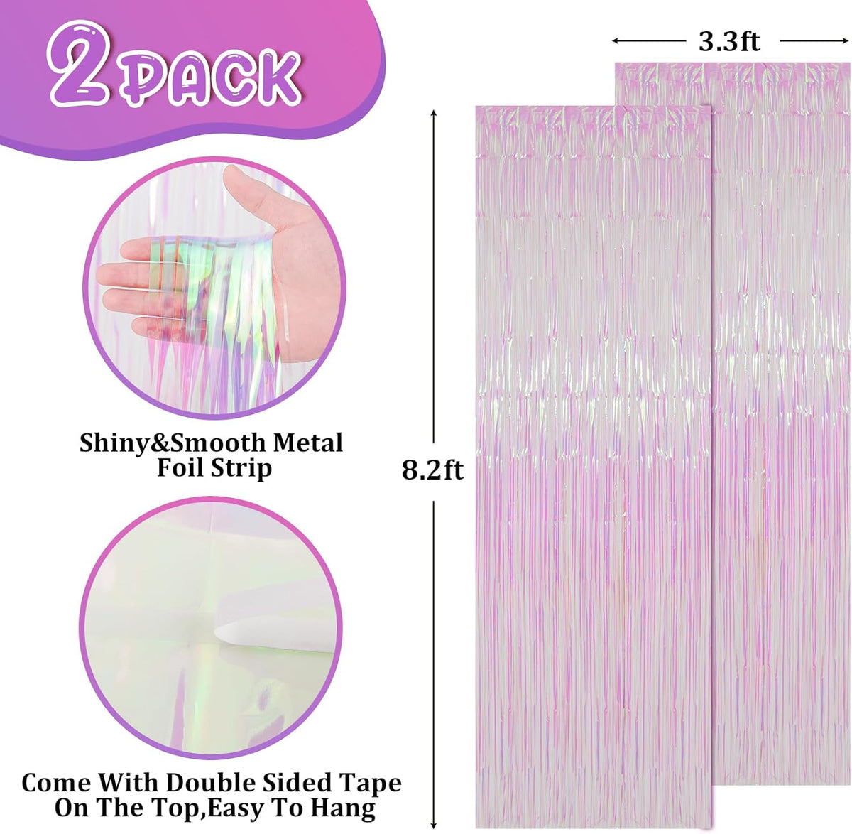 2 Pack Iridescent Transparent Foil Fringe Backdrop Curtains, Tinsel Streamers Birthday Party