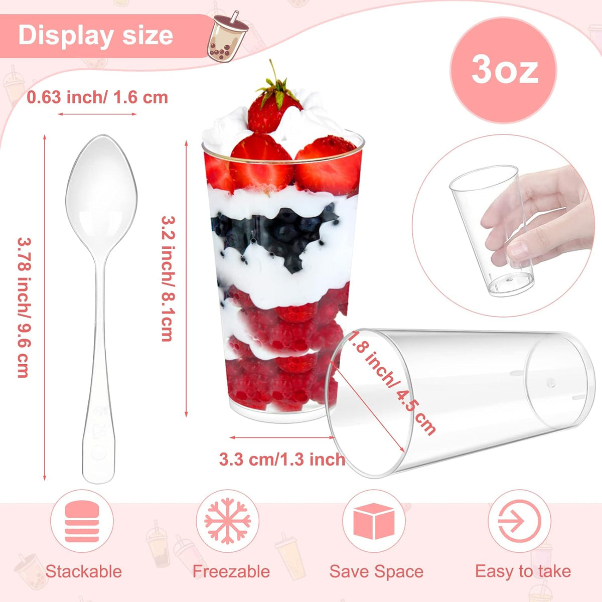CHENGU 3 oz Clear Plastic Mini Dessert Cups with Spoons - Round Parfait Appetizer Cups, Shot