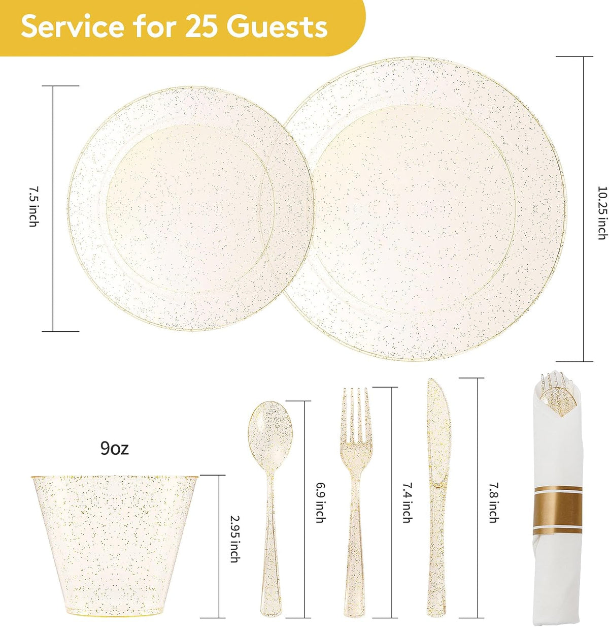 Goodluck 175 Piece Gold Glitter Plastic Dinnerware Set for 25 Guests, Fancy Disposable Plates for