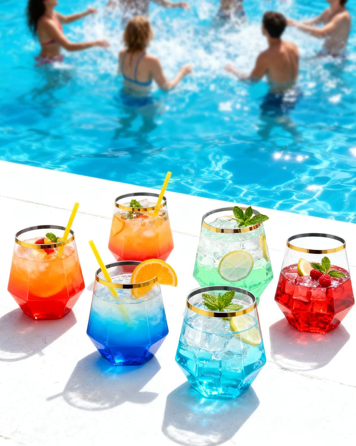 40 PCS Clear & Gold Rim 12 Oz Plastic Wine Whiskey Glasses, Diamond Stemless Unbreakable Disposable