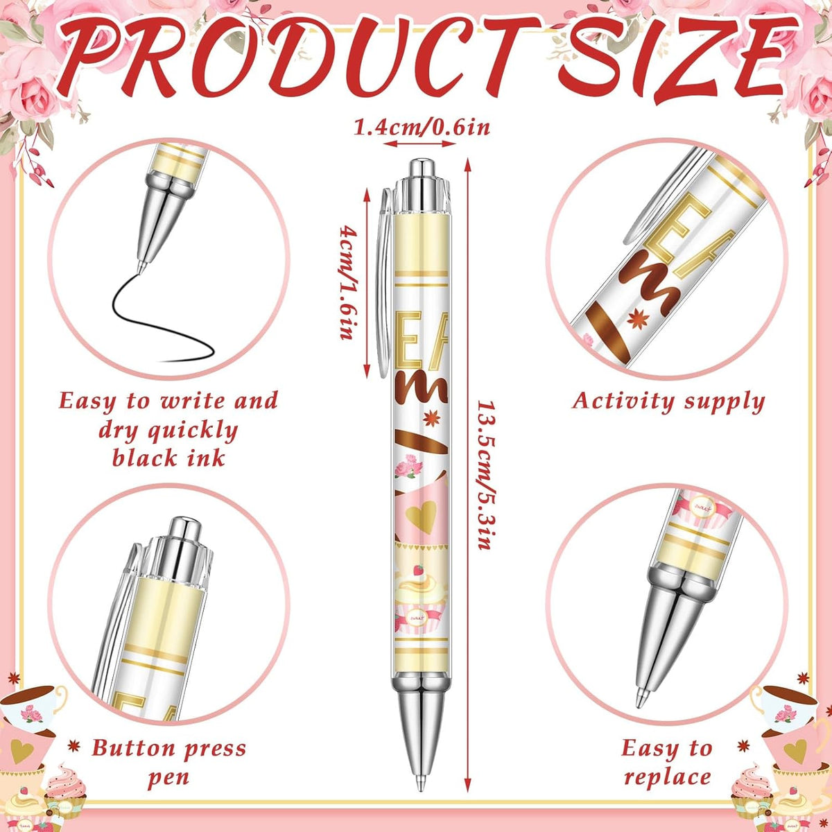 24 Pcs Tea Party Gift Pens Bulk Floral Tea Party Favors Pink Themed Party Decorations Tea Ballpoint